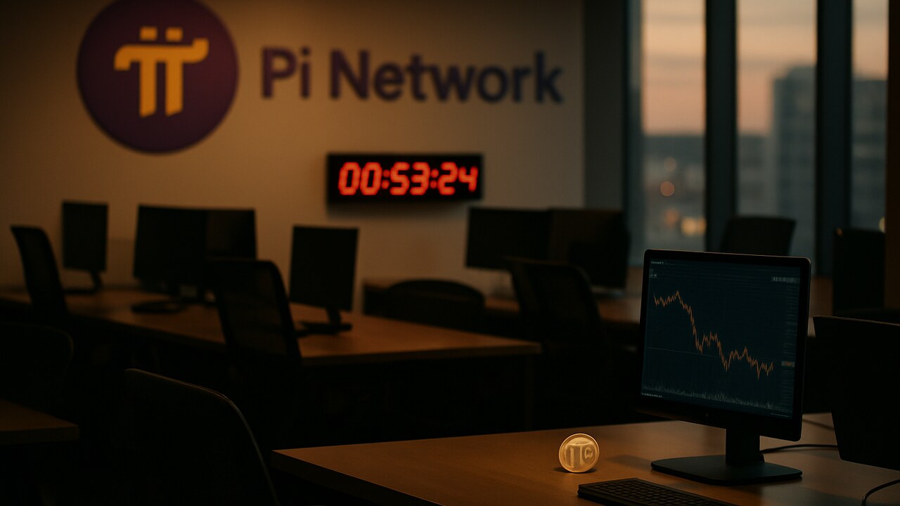 Kantoor van het Pi Network bij schemering met een muurbord en een klok, wachtend op een aankomende deadline