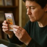 Vrouw bekijkt een verzegelde, gekeurde pokemonkaart bij een verzamelaarswinkel met een smartphone met digitaal eigendomsbewijs ernaast