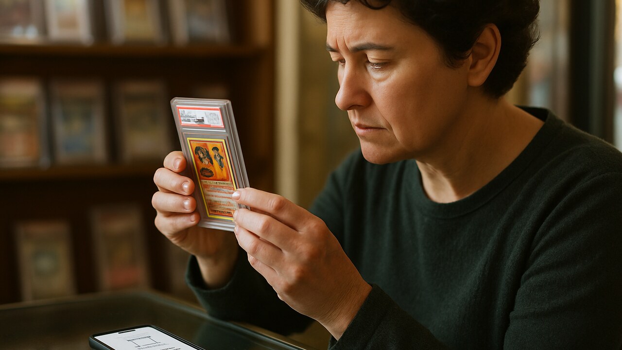 Vrouw bekijkt een verzegelde, gekeurde pokemonkaart bij een verzamelaarswinkel met een smartphone met digitaal eigendomsbewijs ernaast