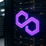 Het paarse Polygon-logo op een serverrek in een goed verlicht datacenter