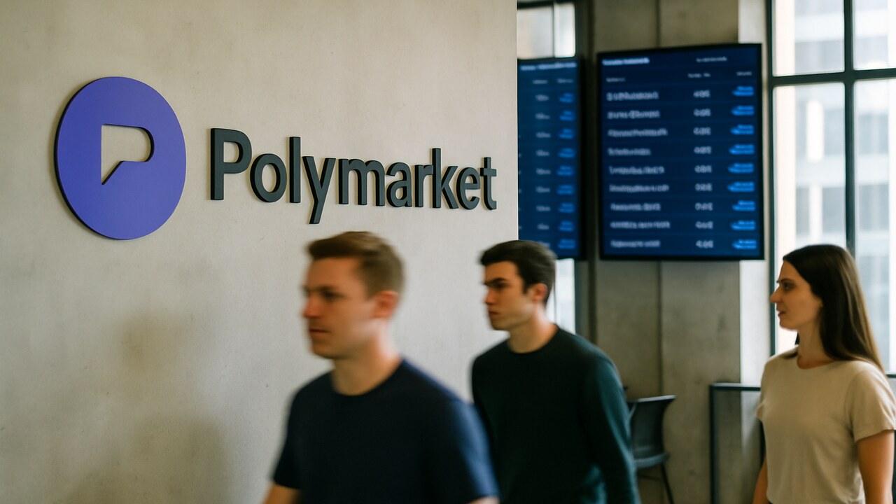 Kantoor van Polymarket met het merklogo op de muur en schermen met voorspellingsmarkten op de achtergrond