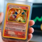 Een zeldzame holografische Charizard Pokémon-kaart in de hand voor een scherm met een stijgende koersgrafiek