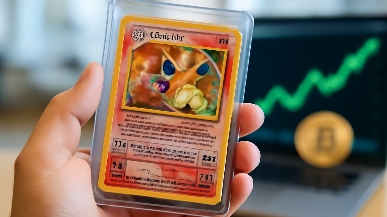 Een zeldzame holografische Charizard Pokémon-kaart in de hand voor een scherm met een stijgende koersgrafiek