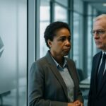 Twee zakelijke professionals bij een glazen kantoormuur met een Ethereum-logo, in gesprek over financiële infrastructuur.