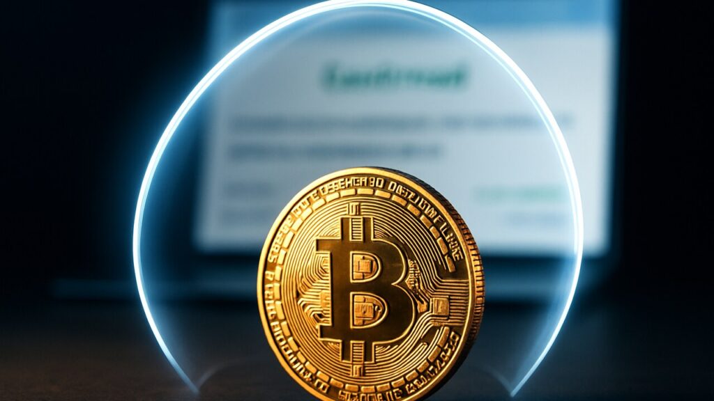 Fysieke bitcoinmunt met een beschermende lichtboog erover, op de achtergrond een scherm met een bevestigde transactie