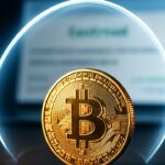 Fysieke bitcoinmunt met een beschermende lichtboog erover, op de achtergrond een scherm met een bevestigde transactie