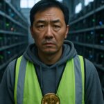 Technicus in een Ravencoin-achtige mining warehouse tussen rijen mining rigs, met een bezorgde uitdrukking