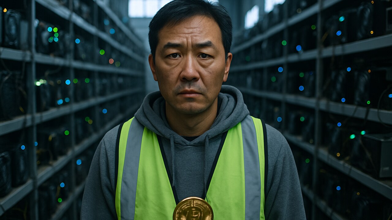 Technicus in een Ravencoin-achtige mining warehouse tussen rijen mining rigs, met een bezorgde uitdrukking