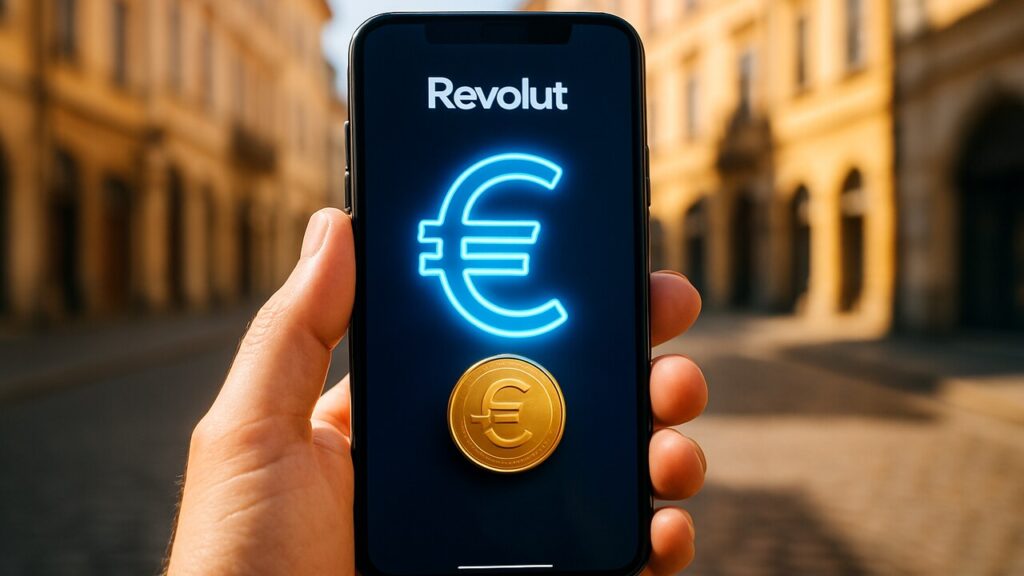 Hand houdt smartphone vast met een banking-app die een digitale euro-munt toont op een Europese straat