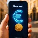 Hand houdt smartphone vast met een banking-app die een digitale euro-munt toont op een Europese straat