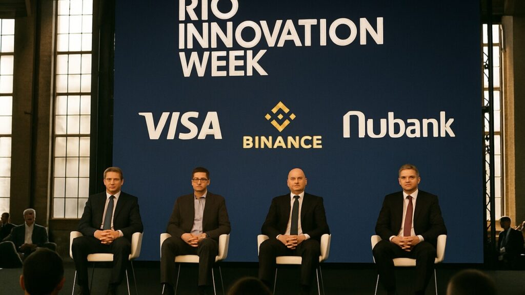 Paneldiscussie op een groot podium tijdens Rio Innovation Week met bedrijfslogo's op het scherm erachter
