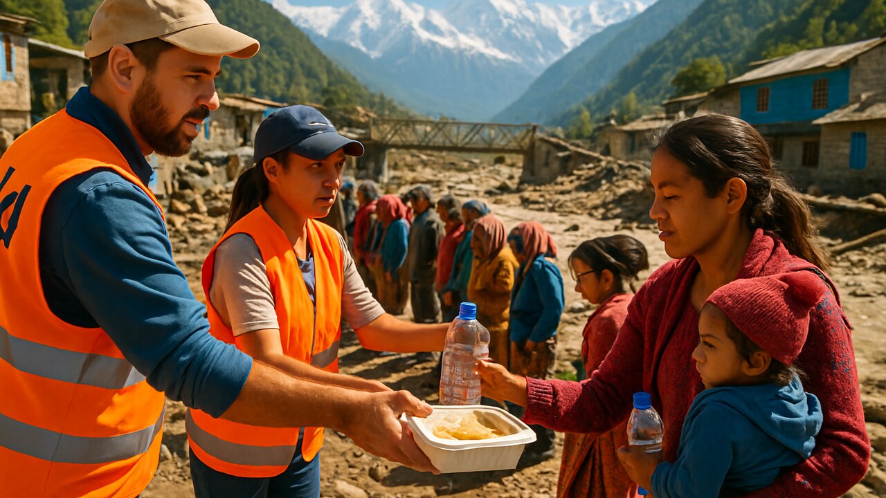 Hulpverleners delen maaltijden en drinkwater uit aan getroffen gezinnen in een door overstromingen verwoest dorp in Nepal