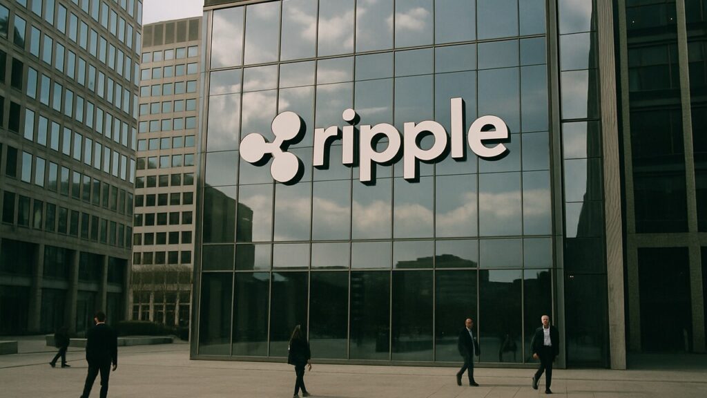 Modern kantoorgebouw in een financieel district met het Ripple-logo op de glazen gevel