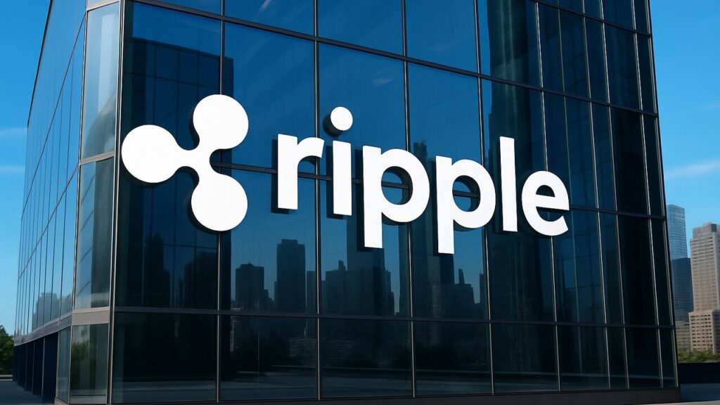 Het Ripple-logo groot en helder op de buitengevel van een modern financieel gebouw, gezien vanaf straatniveau.