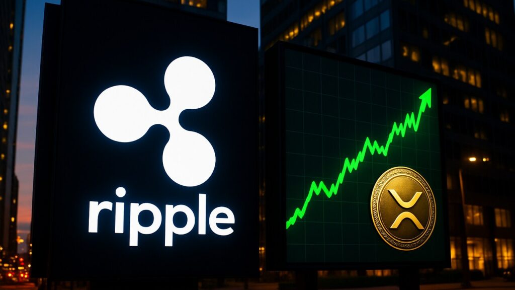 Groot Ripple-logo op een buitenbillboard naast een scherm met een stijgende groene XRP koersgrafiek
