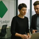 Twee collega's overleggen in een Londens fintechkantoor met het XRP Ledger-logo op een glazen wand