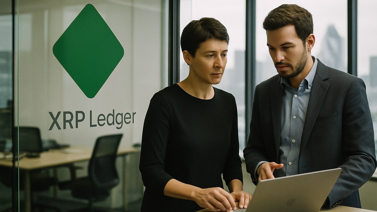 Twee collega's overleggen in een Londens fintechkantoor met het XRP Ledger-logo op een glazen wand