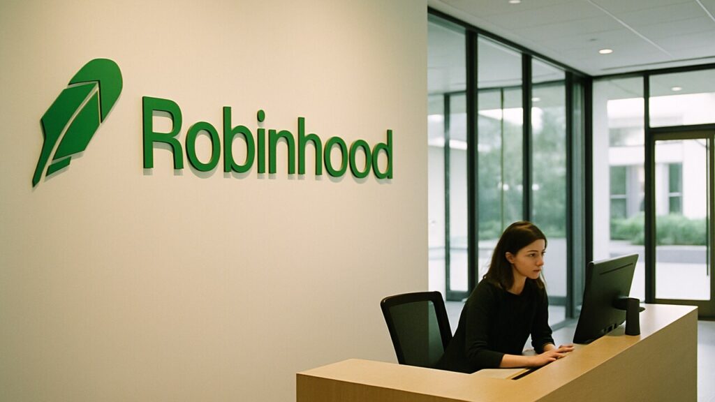 Moderne kantoorlobby met het Robinhood-logo op de muur