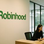 Moderne kantoorlobby met het Robinhood-logo op de muur
