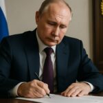 President Poetin ondertekent aan een bureau een officieel document met de Russische vlag op de achtergrond