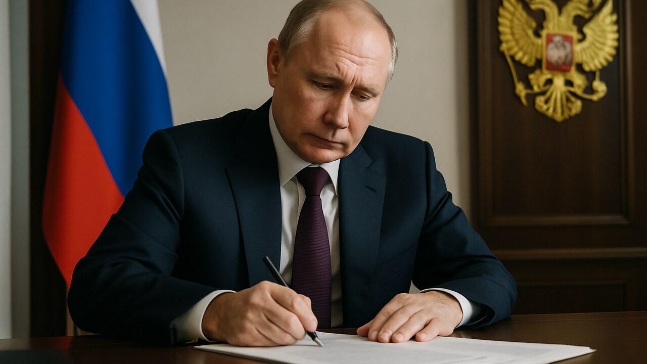 President Poetin ondertekent aan een bureau een officieel document met de Russische vlag op de achtergrond