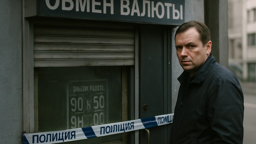 Verzegeld illegaal wisselkantoor in een Russische straat met politielint en een onderzoeker bij de deur