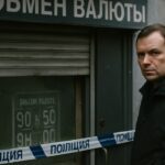 Verzegeld illegaal wisselkantoor in een Russische straat met politielint en een onderzoeker bij de deur