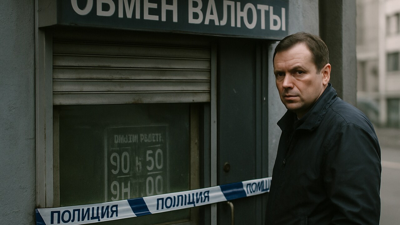 Verzegeld illegaal wisselkantoor in een Russische straat met politielint en een onderzoeker bij de deur