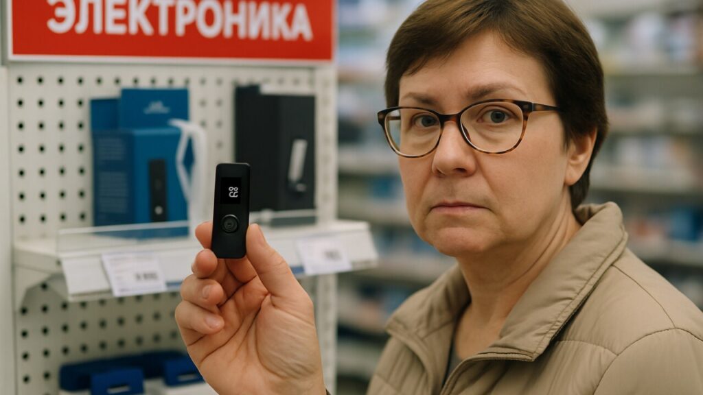 Klant houdt een kleine hardware wallet vast in een elektronicawinkel in Rusland