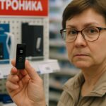 Klant houdt een kleine hardware wallet vast in een elektronicawinkel in Rusland