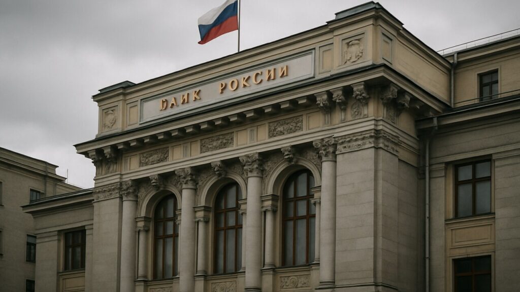 Het gebouw van de Russische centrale bank in Moskou onder een grijze lucht met de Russische vlag