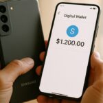 Handen houden een Samsung-telefoon vast met een digitale wallet-app op het scherm