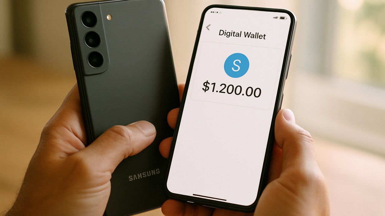 Handen houden een Samsung-telefoon vast met een digitale wallet-app op het scherm