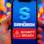 Smartphone met het logo van The Sandbox en een rode waarschuwingsmelding na de bridge-hack