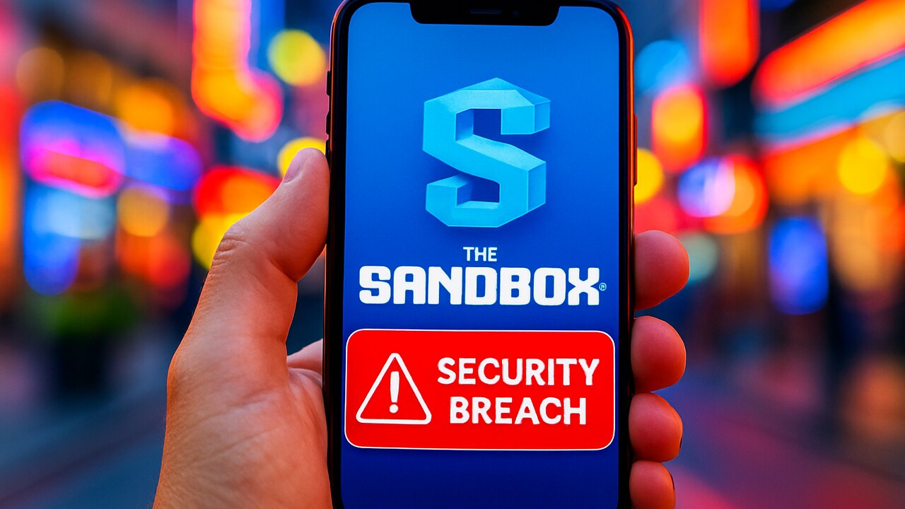 Smartphone met het logo van The Sandbox en een rode waarschuwingsmelding na de bridge-hack