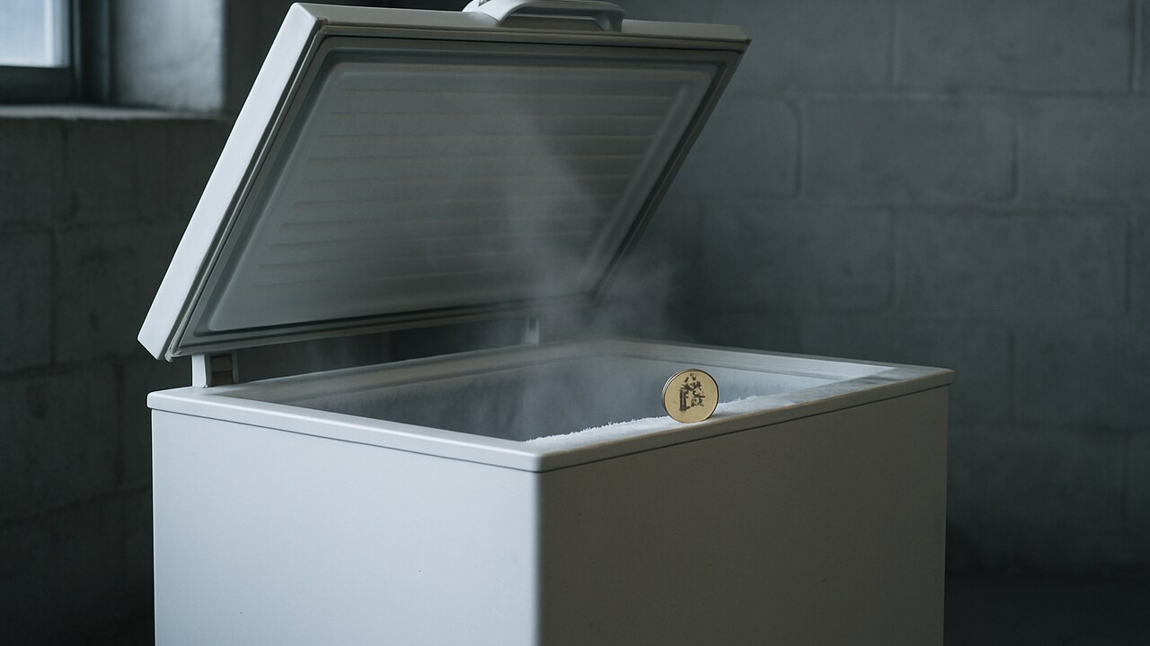 Een geopende diepvrieskist met koude damp en een fysieke Bitcoin-munt op een laag rijp, als beeld bij Saylors diepvries-vergelijking.