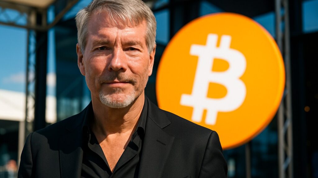 Michael Saylor voor een groot Bitcoin-logo, verwijzend naar een mogelijke nieuwe aankoop door Strategy