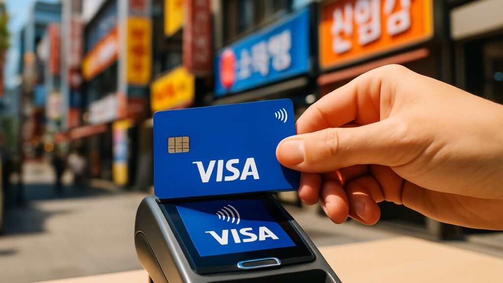 Een Visa-kaart wordt afgetikt op een betaalterminal in een winkelstraat in Seoul, Zuid-Korea.
