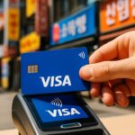 Een Visa-kaart wordt afgetikt op een betaalterminal in een winkelstraat in Seoul, Zuid-Korea.