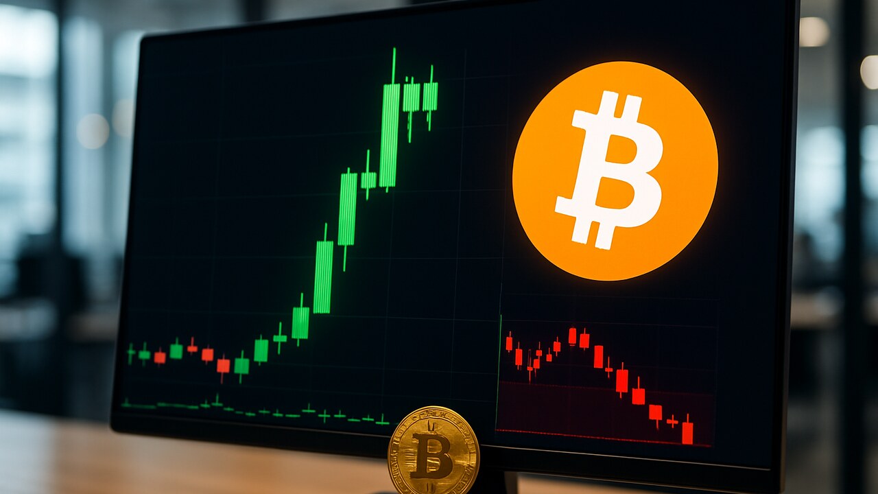 Beeldscherm met een steil stijgende groene Bitcoin-koersgrafiek en een verlieslatende short-positie