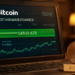 Laptopscherm met een Bitcoin blockchain-transactie in het groen, naast een fysieke Bitcoin-munt en een oud briefje uit 2011 op een bureau.