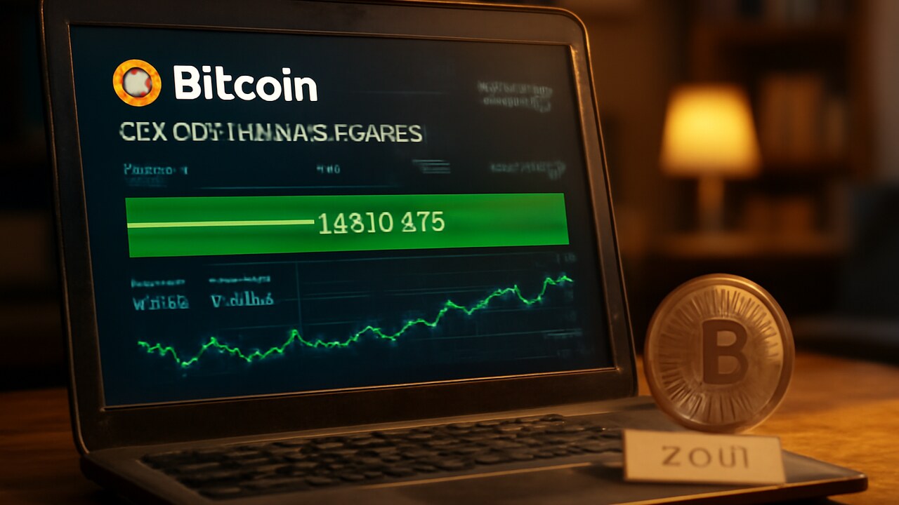 Laptopscherm met een Bitcoin blockchain-transactie in het groen, naast een fysieke Bitcoin-munt en een oud briefje uit 2011 op een bureau.