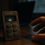 Een hand pakt een hardware-wallet van een bureau in een schemerig thuiskantoor