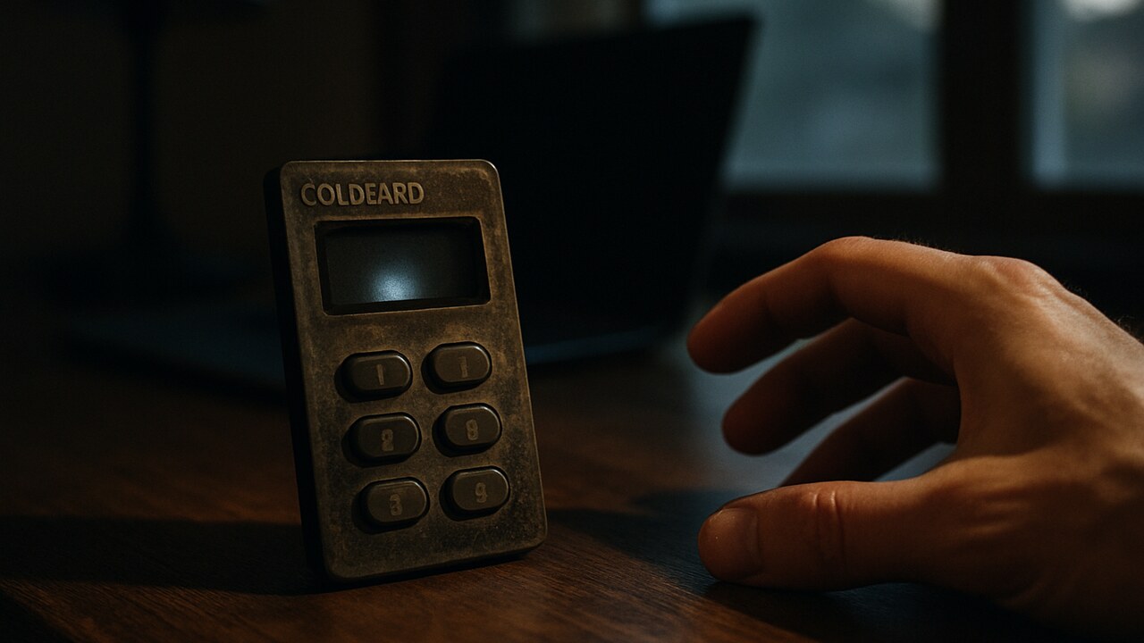 Een hand pakt een hardware-wallet van een bureau in een schemerig thuiskantoor