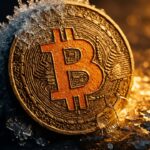 Fysieke Bitcoin-munt komt los uit het ijs, symbool voor slapende wallets die weer in beweging komen