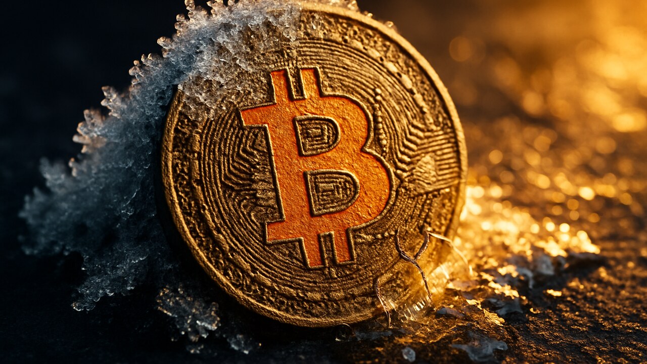 Fysieke Bitcoin-munt komt los uit het ijs, symbool voor slapende wallets die weer in beweging komen
