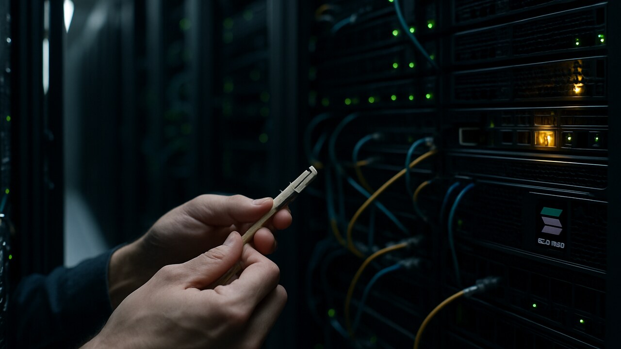 Handen van een technicus bij een serverrack met netwerkkabels en waarschuwingslampjes, met het Solana-logo zichtbaar