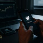 Handen houden een smartphone vast met een binnenkomend bericht, op de achtergrond een laptop met Solana-logo