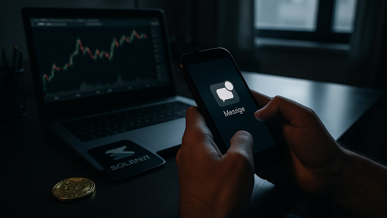 Handen houden een smartphone vast met een binnenkomend bericht, op de achtergrond een laptop met Solana-logo