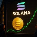Groot straatscherm met het Solana-logo en een stijgende groene koersgrafiek